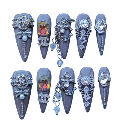 Smoky Crystal Cathedral Nails – Grey Ombre Press-On Nails with Gothic Jewelry & Chain Accents | Luxury Baroque Nails by Evadia Grace