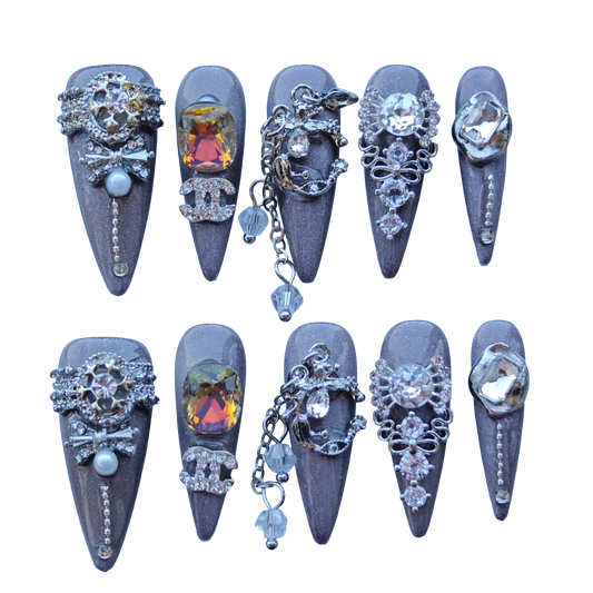 Smoky Crystal Cathedral Nails – Grey Ombre Press-On Nails with Gothic Jewelry & Chain Accents | Luxury Baroque Nails by Evadia Grace