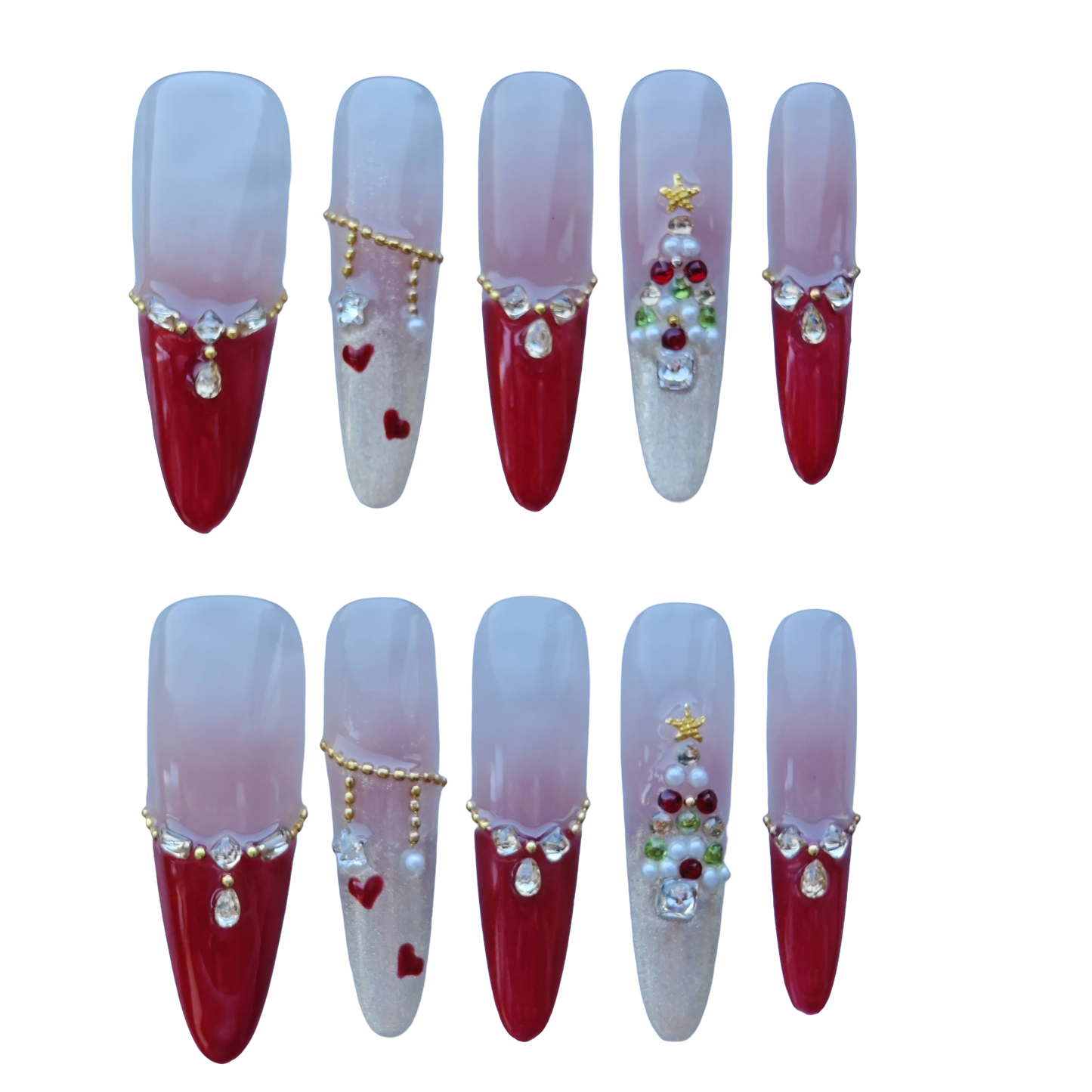 Crimson Noel Nails – Red French Tip Press-On Nails with Christmas Tree Gem & Gold Chain Details | Luxury Holiday Nails by Evadia Grace