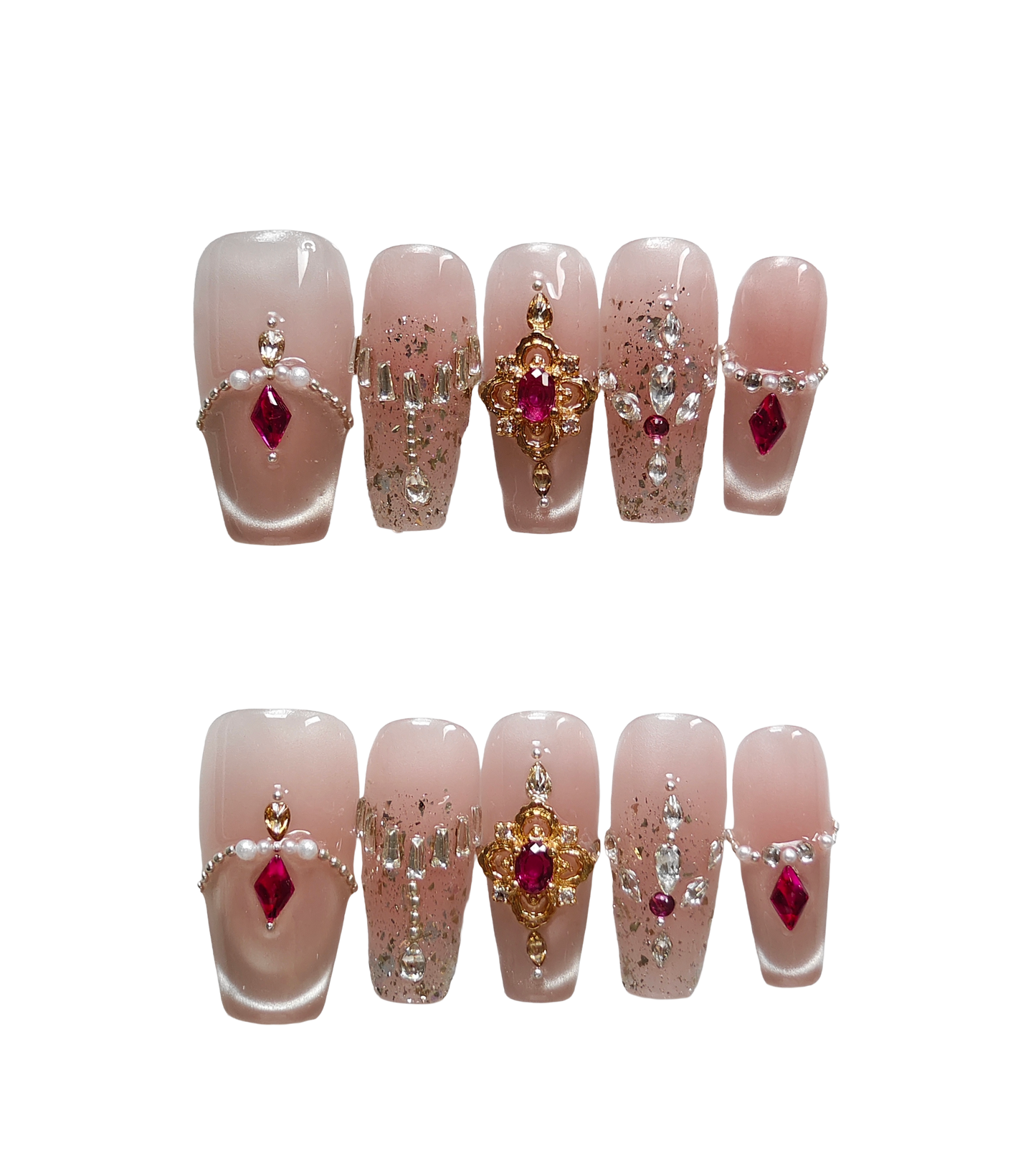 Blush Pink Press-On Nails with Faux Ruby, Pearl & Rhinestone Embellishments