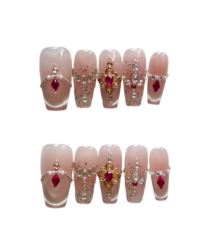Blush Pink Press-On Nails with Faux Ruby, Pearl & Rhinestone Embellishments