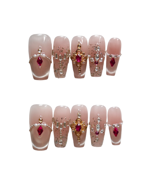 Blush Pink Press-On Nails with Faux Ruby, Pearl & Rhinestone Embellishments