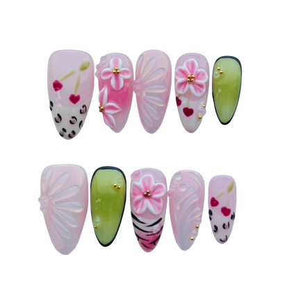 Blossom Garden Jelly Nails – Pink Floral Press-On Nails with 3D Flower Art & Glossy Jelly Finish | Luxury Cute Press On Nails by Evadia Grace