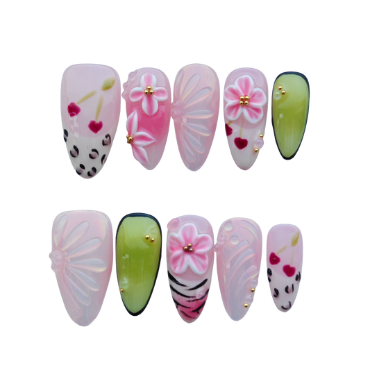 Blossom Garden Jelly Nails – Pink Floral Press-On Nails with 3D Flower Art & Glossy Jelly Finish | Luxury Cute Press On Nails by Evadia Grace