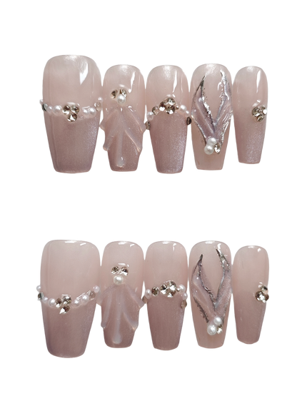 Rose Pink Press-On Nails with Faux Pearl & Rhinestone Accents