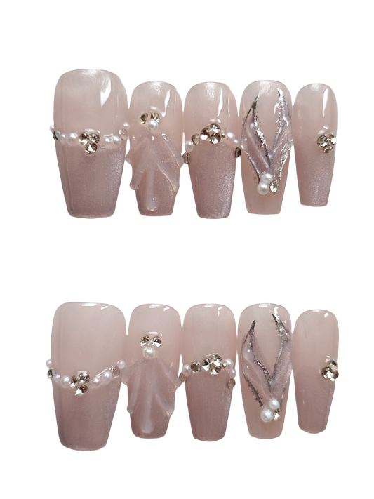 Rose Pink Press-On Nails with Faux Pearl & Rhinestone Accents