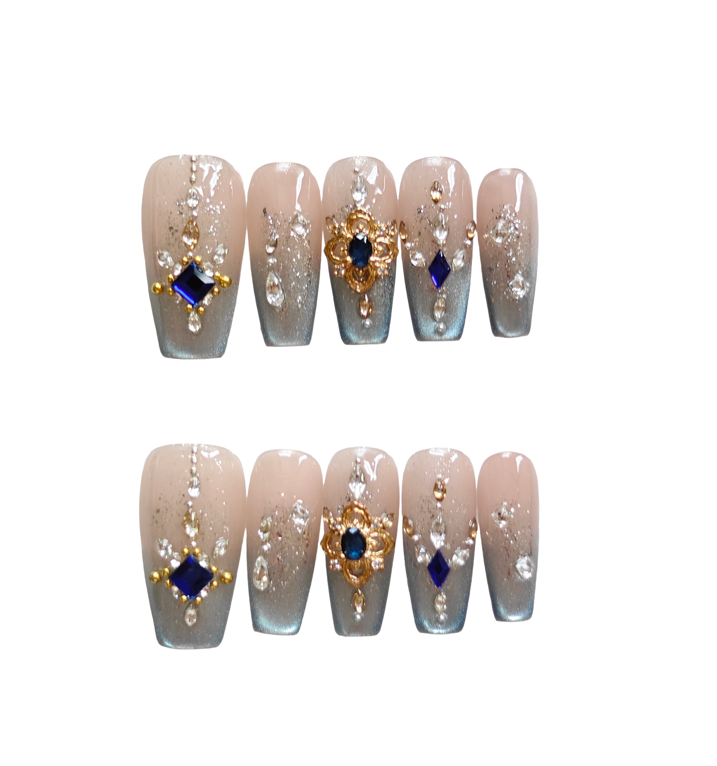 Elegant Blue Jewel Press-On Nails – Nude Glitter Ombre with Faux Gem Accents