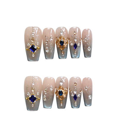 Elegant Blue Jewel Press-On Nails – Nude Glitter Ombre with Faux Gem Accents