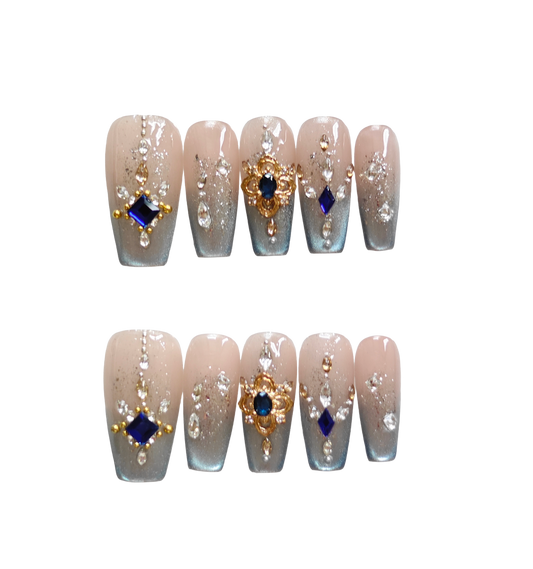 Elegant Blue Jewel Press-On Nails – Nude Glitter Ombre with Faux Gem Accents