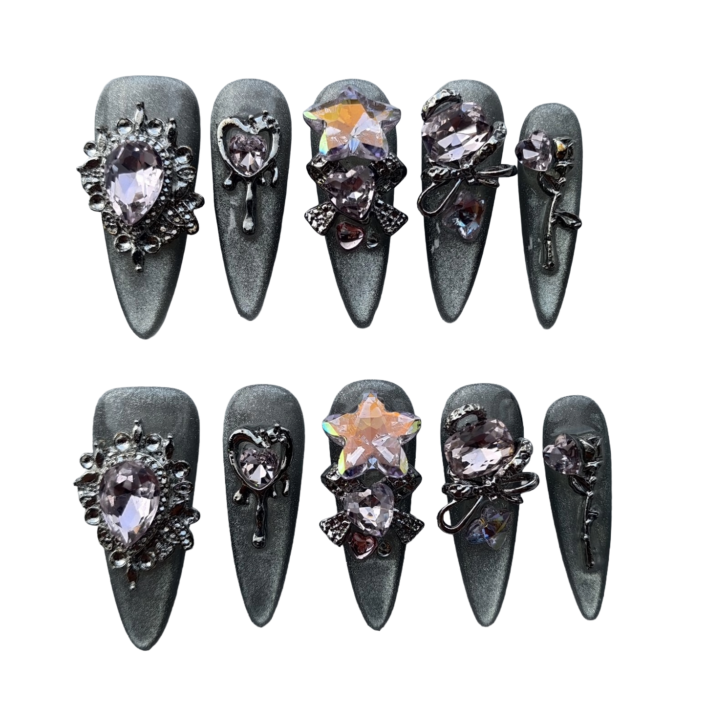 Blush Gothic Heart Star Press-On Nails by Evadia Grace – Pink Rhinestone Handmade Reusable Nails