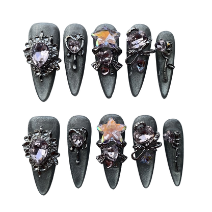 Blush Gothic Heart Star Press-On Nails by Evadia Grace – Pink Rhinestone Handmade Reusable Nails