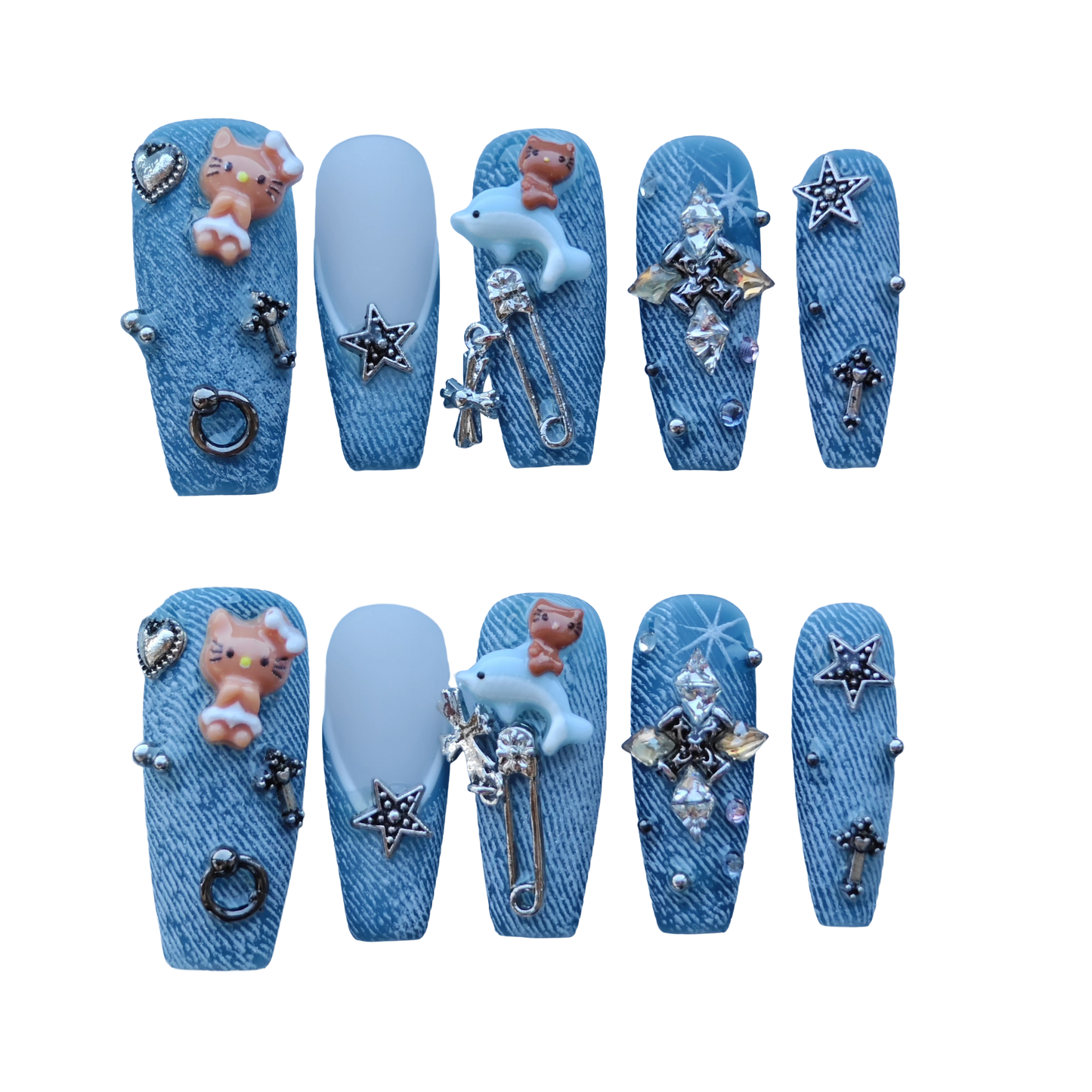 Denim Dream Nails – Blue Jean Texture Press-On Nails with Cute Charms & Crystal Cross | Trendy Luxury Press-On Nails by Evadia Grace