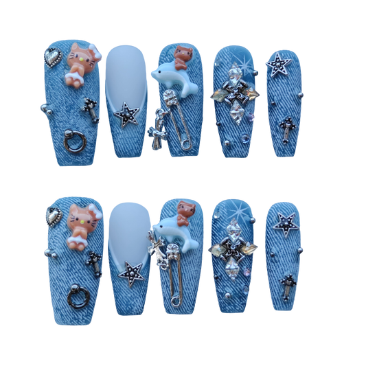 Denim Dream Nails – Blue Jean Texture Press-On Nails with Cute Charms & Crystal Cross | Trendy Luxury Press-On Nails by Evadia Grace
