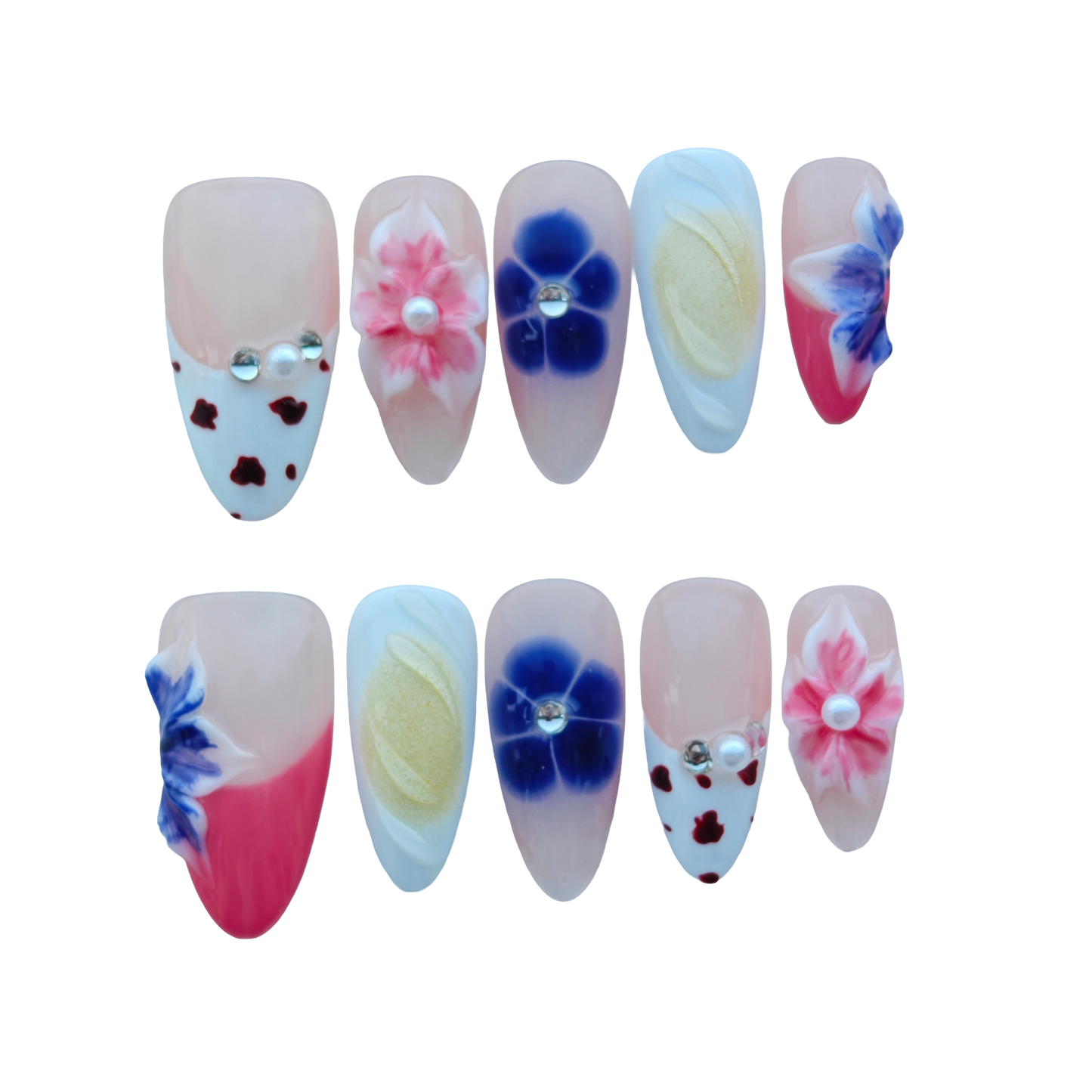 Blush Bloom Garden Nails – 3D Floral Press On Nails with Pearl & Jelly Art | Handmade Luxury Press-On Nails by Evadia Grace