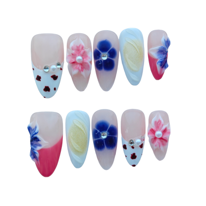 Blush Bloom Garden Nails – 3D Floral Press On Nails with Pearl & Jelly Art | Handmade Luxury Press-On Nails by Evadia Grace