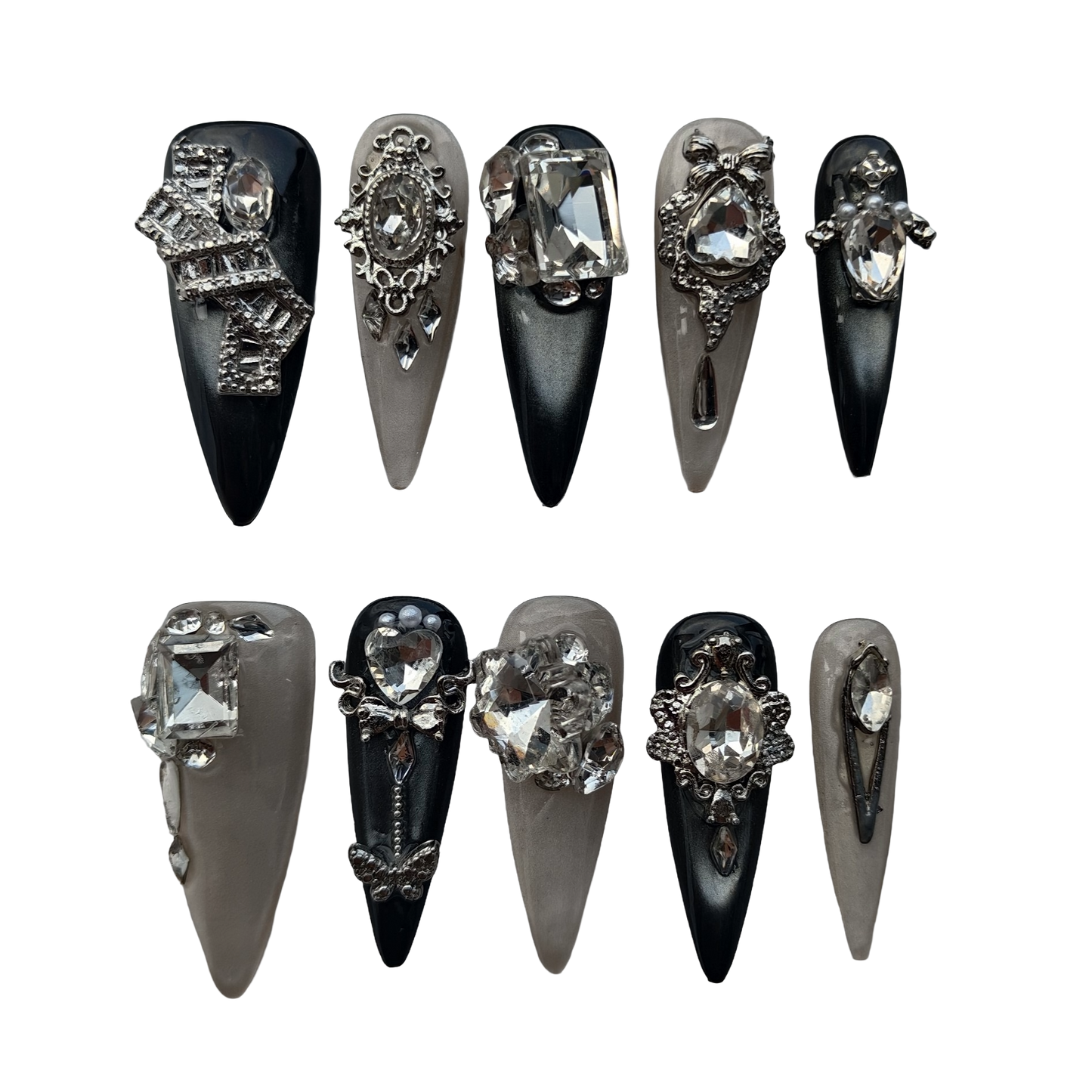 Noir Regalia Luxury Press-On Nails by Evadia Grace – Gothic Black Silver Rhinestone Handmade Reusable Nails
