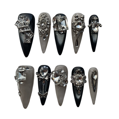 Noir Regalia Luxury Press-On Nails by Evadia Grace – Gothic Black Silver Rhinestone Handmade Reusable Nails