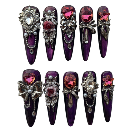 Violet Royalty Crystal Press-On Nails by Evadia Grace – Gothic Purple Rhinestone Handmade Reusable Nails