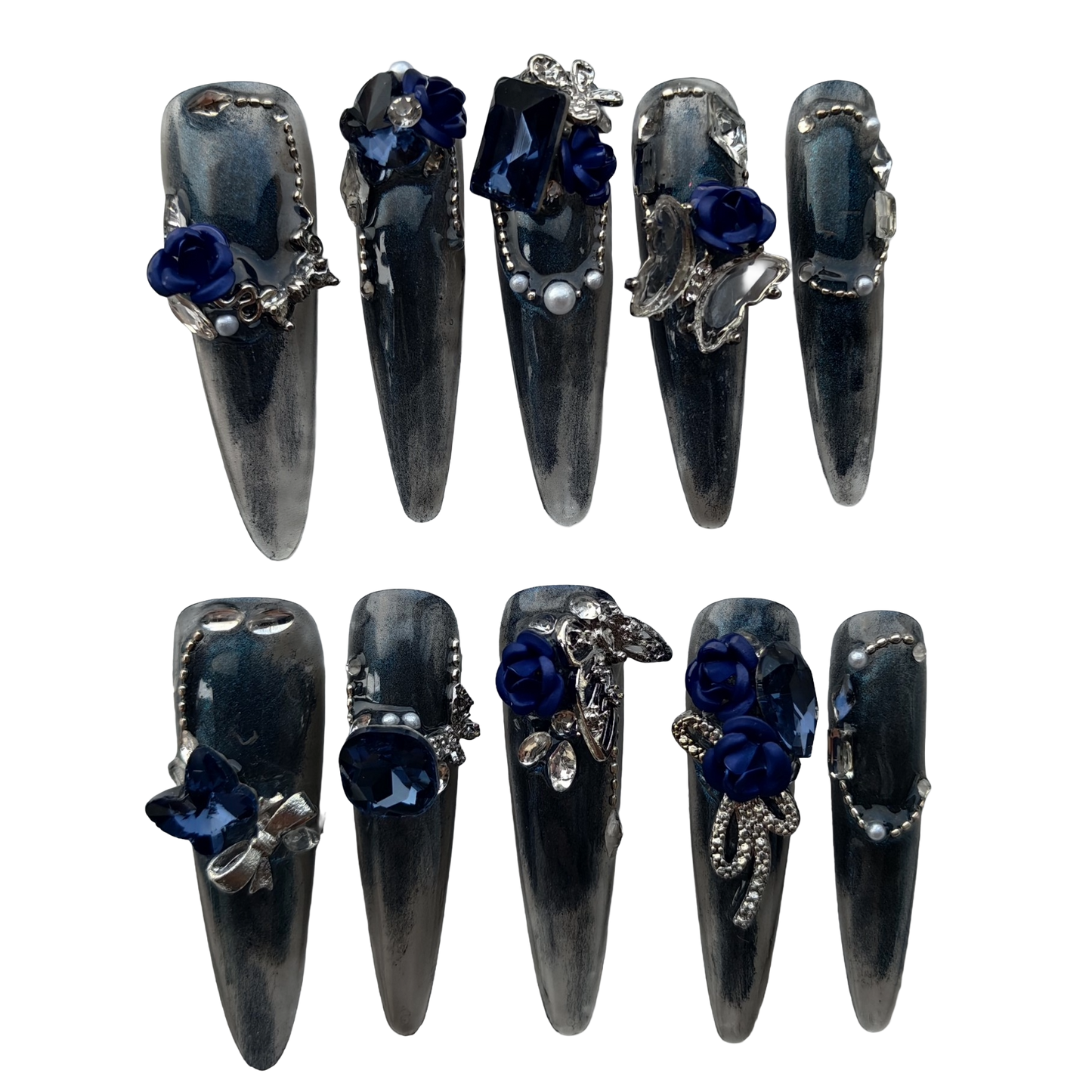 Midnight Sapphire Rose Press-On Nails by Evadia Grace – Gothic Blue Rhinestone Handmade Reusable Nails