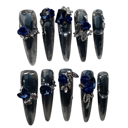 Midnight Sapphire Rose Press-On Nails by Evadia Grace – Gothic Blue Rhinestone Handmade Reusable Nails