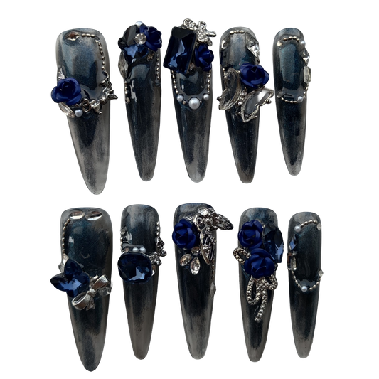 Midnight Sapphire Rose Press-On Nails by Evadia Grace – Gothic Blue Rhinestone Handmade Reusable Nails