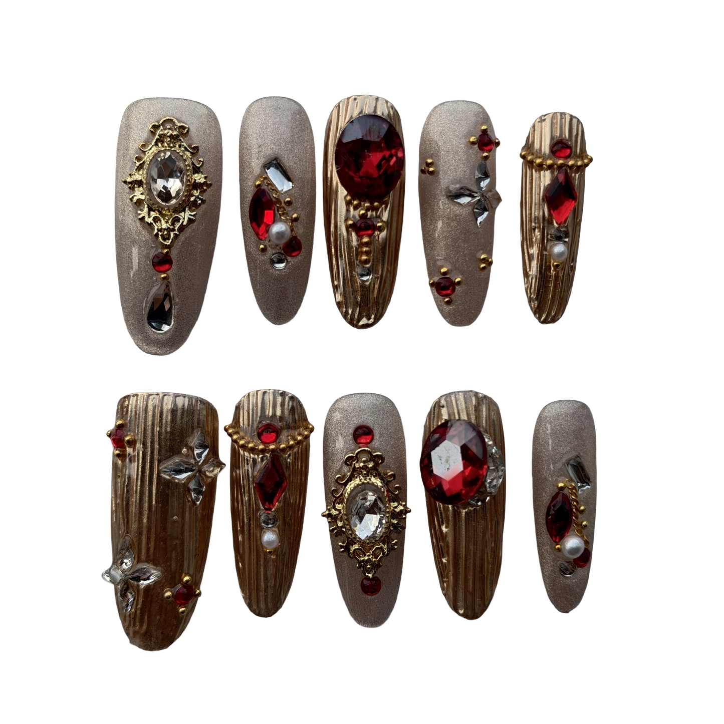 Crimson Regal Gold Press-On Nails by Evadia Grace – Luxury Red Rhinestone Handmade Reusable Nails