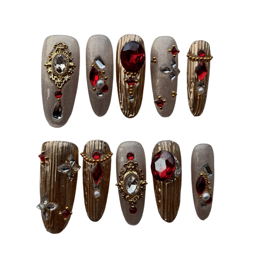 Crimson Regal Gold Press-On Nails by Evadia Grace – Luxury Red Rhinestone Handmade Reusable Nails