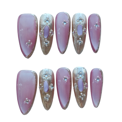 Rose Blush Gold Accent Nails – Pink Nude Luxury Press-On Nails with Metallic Gold Details | Elegant Designer Press On Nails by Evadia Grace