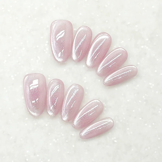 EvadiaGrace Pink Glitter Cat Eye Press On Nails Long Oval Salon Style False Nails