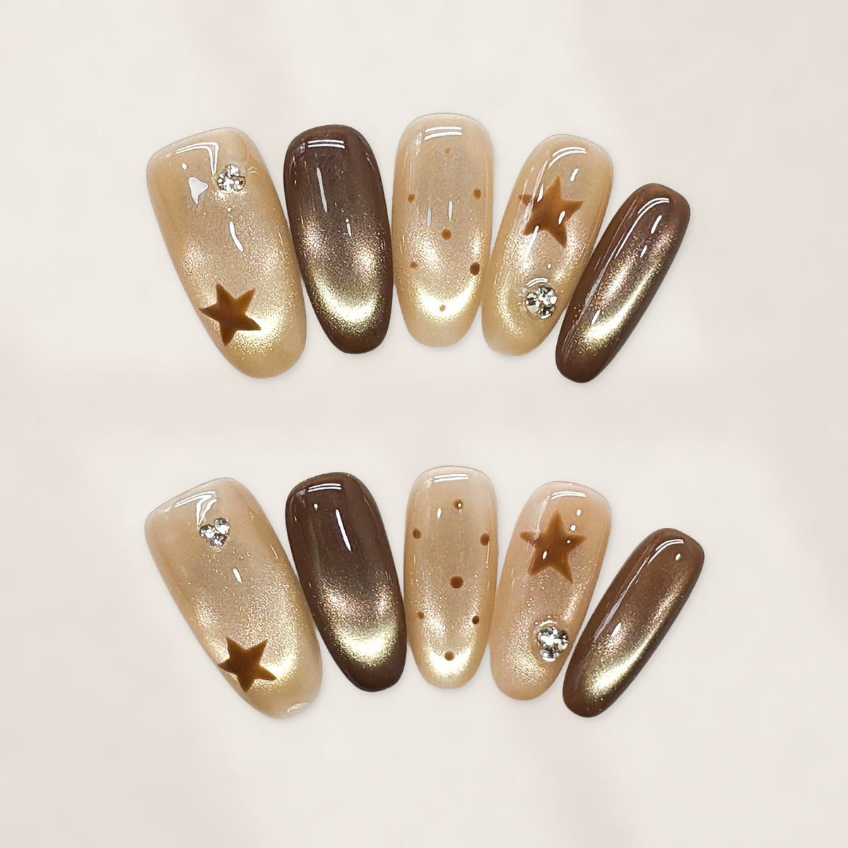Mocha Starry Glow Medium Squoval Press-On Nails with Champagne Cat-Eye Shimmer and Crystal Accents  22mm