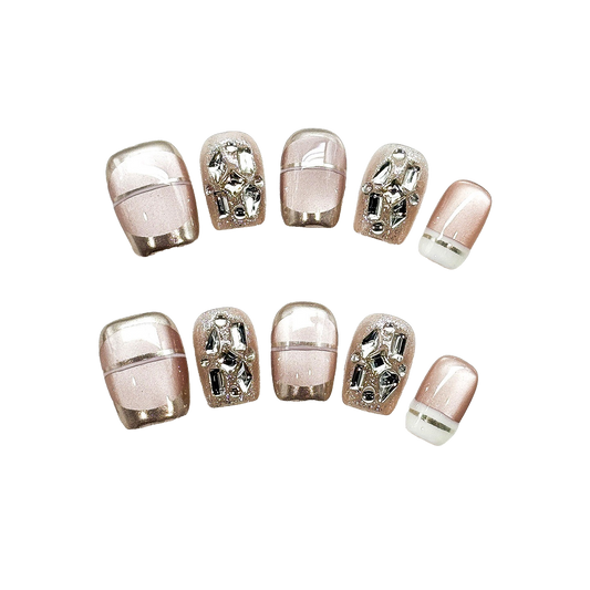 Champagne Geometry Illuminates Blush Short Squoval Press-On Nails with Jeweled Mirror Collage Accents