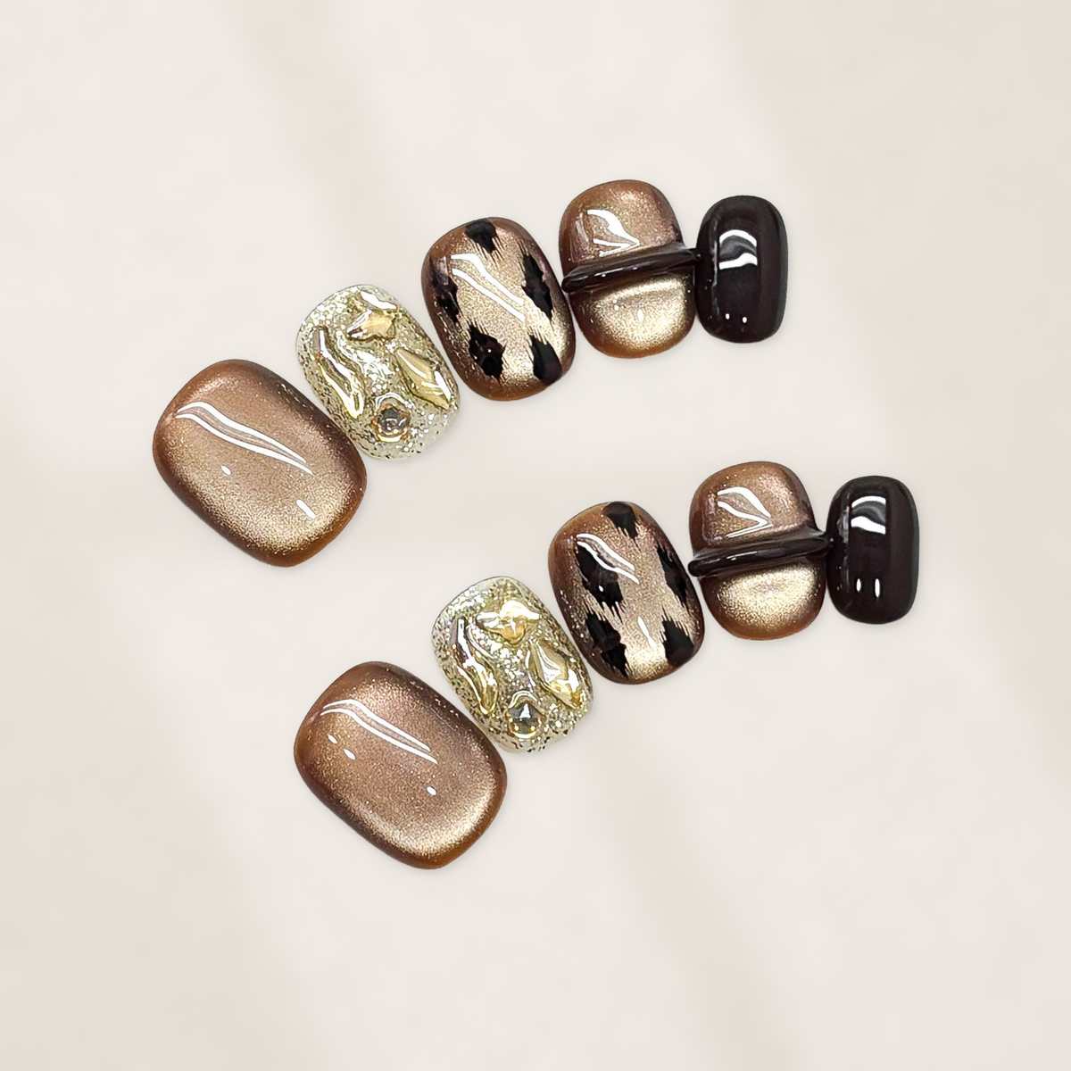 Molten Mocha Mosaic: Short Squoval Press-On Nails with Champagne Cat-Eye Shine, Black Brushstrokes, and Glossy Accents  15mm