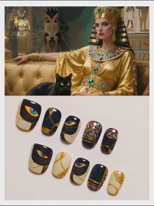 Mystic Eye Black & Gold Press-On Nails – Egyptian Glam Eye Design with Glitter Accents | Short Square Luxury Art Nails | Handmade Nail Tips