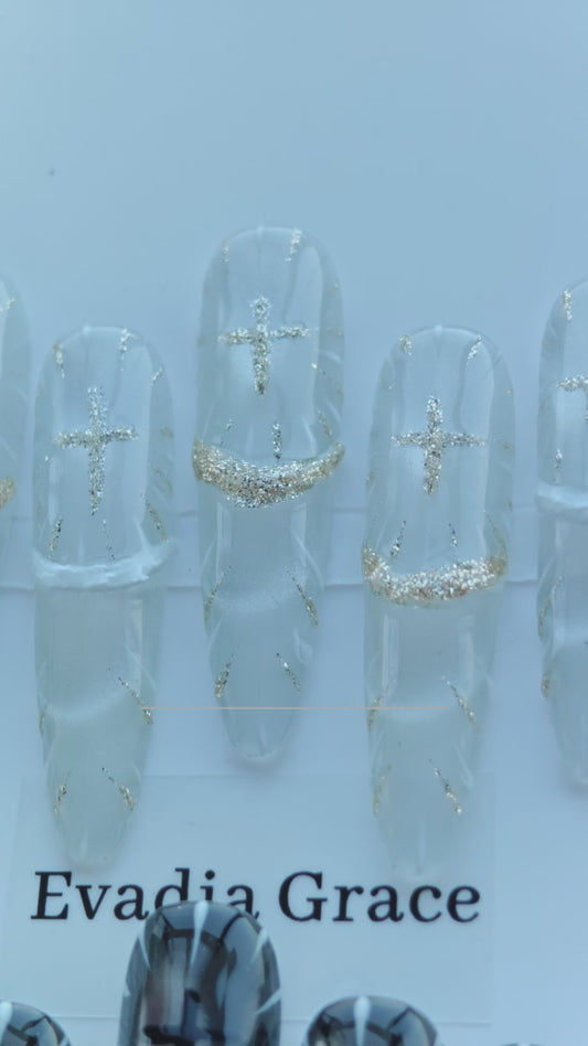 Holy Contrast Cross Nails – Black & Clear Gothic Press-On Nails with Gold Glitter Cross Design | Dark Aesthetic Nails by Evadia Grace